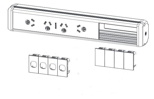 OE Elsafe Phoenix 65 power outlet with four GPOs and desktop clamp bracket, featuring anodised aluminium and moulded plastic design.